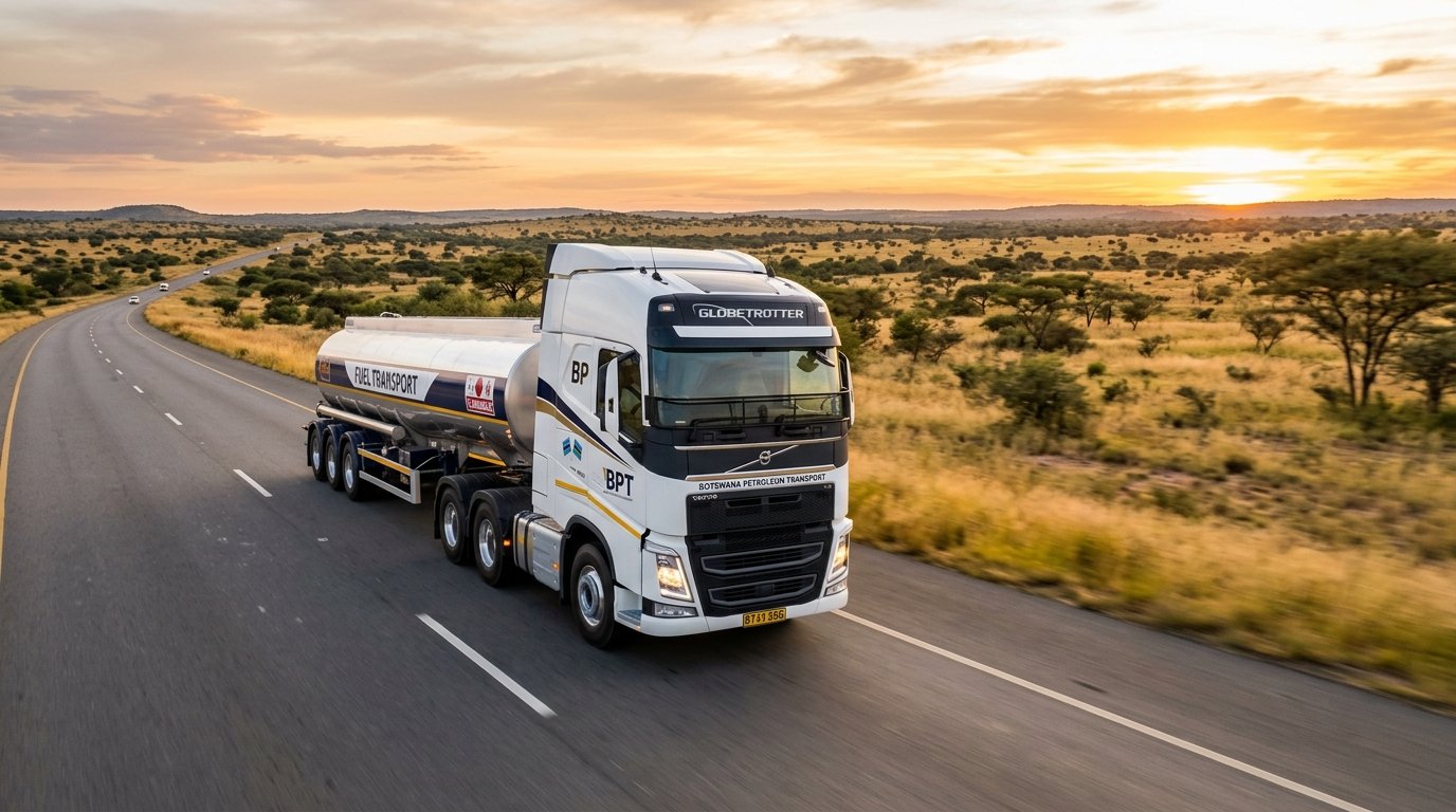 Elatis Transport — professional modern fuel supply truck and logistics fleet under golden hour in Botswana